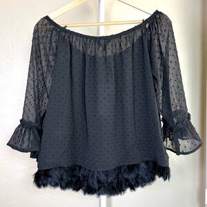 NWT: Endless Rose Black Sheer Blouse Large with Feather Hem and Bell Sleeves